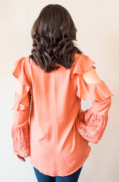 Caroline Coral Cold Shoulder Lace Bell Sleeve Blouse