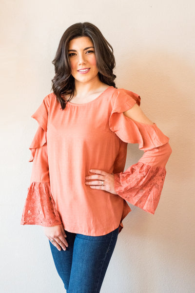 Caroline Coral Cold Shoulder Lace Bell Sleeve Blouse