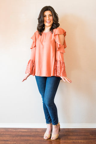 Caroline Coral Cold Shoulder Lace Bell Sleeve Blouse