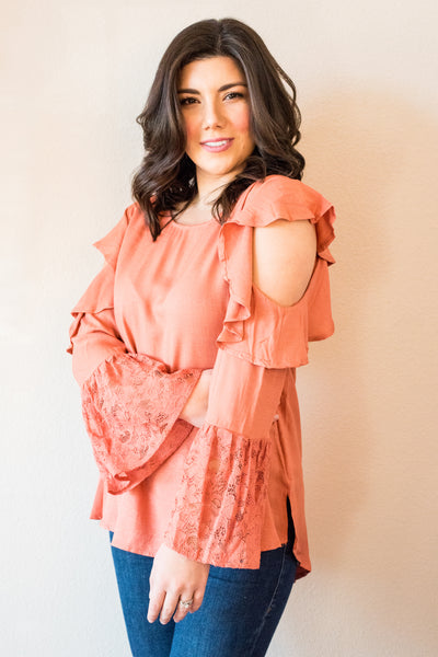 Caroline Coral Cold Shoulder Lace Bell Sleeve Blouse