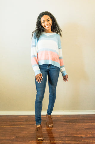 Mia V-Neck Long Sleeve Multi Color Stripe Sweater