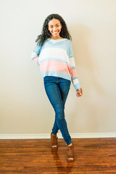 Mia V-Neck Long Sleeve Multi Color Stripe Sweater