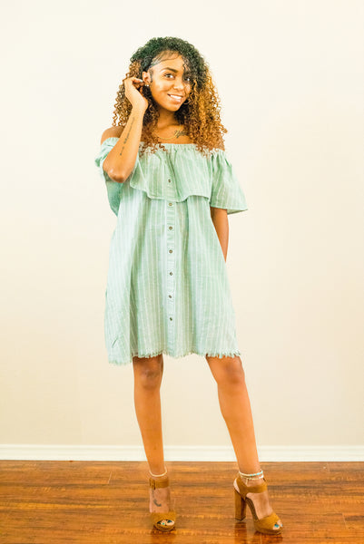 Myah Striped Button Up Off The Shoulder Dress