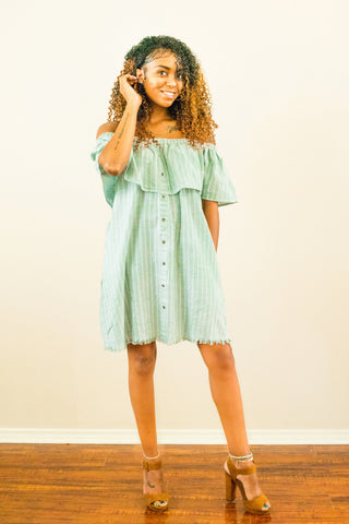 Myah Striped Button Up Off The Shoulder Dress