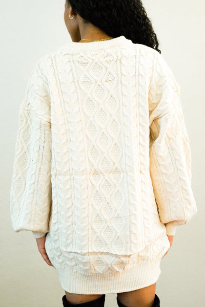 Pearl Round Neck Long Sleeve Cable Knit Oversized Sweater