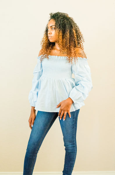 Sutton Off The Shoulder Smocked Top with Ruffle Bubble Sleeves